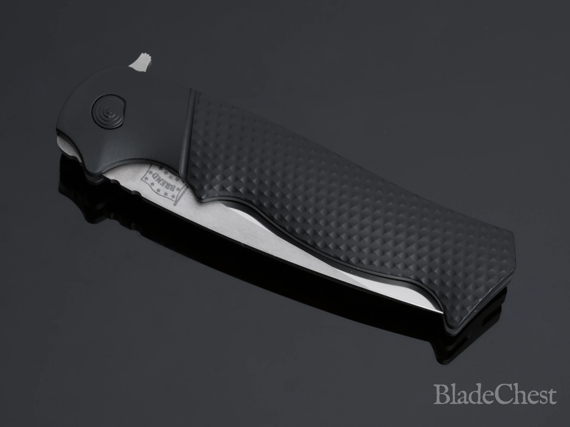 Walter Brend Model 2 prototype flipper &mdash; closed, blade and banner stamp