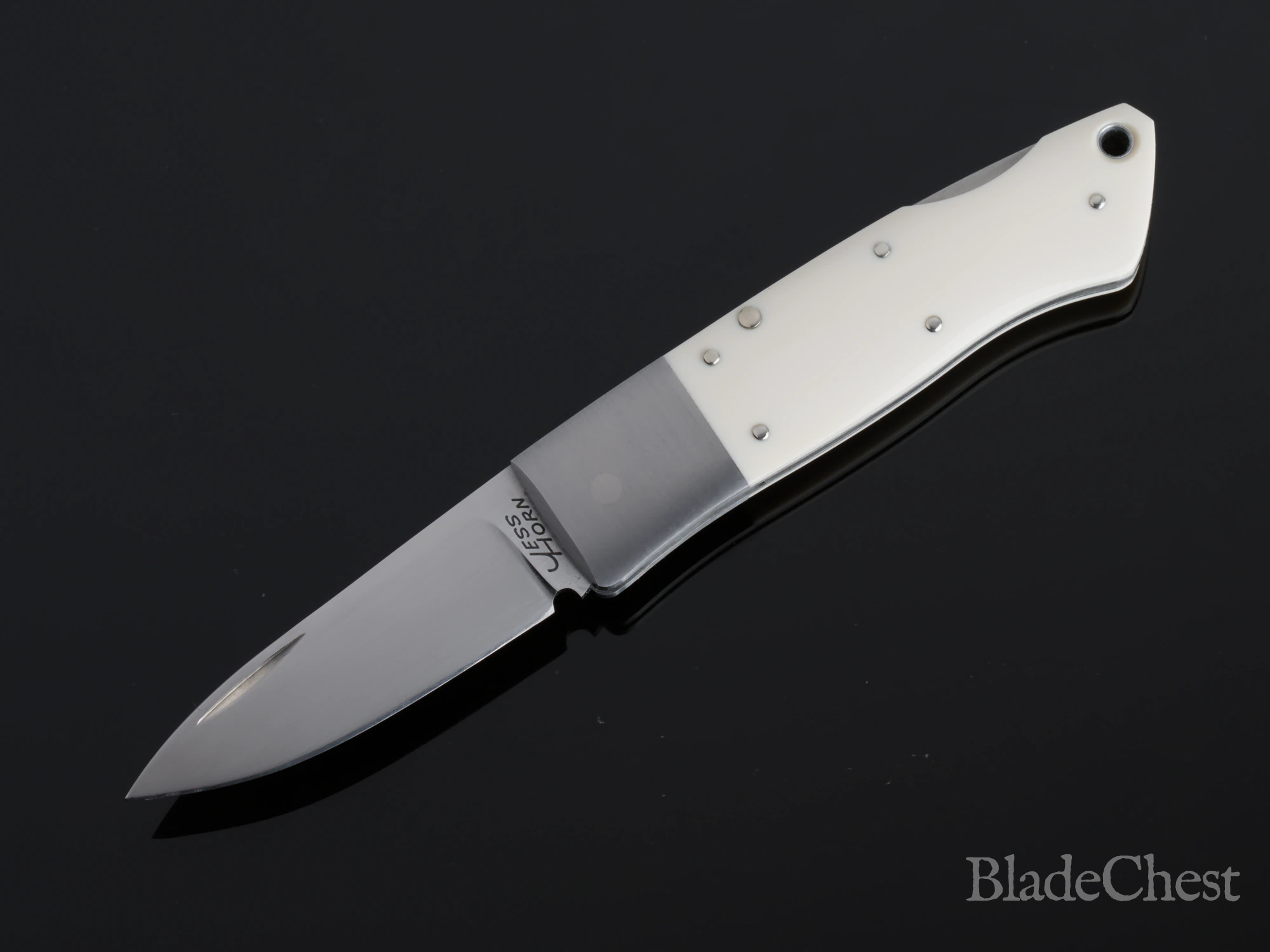 Jess Horn mammoth ivory lockback &mdash; open profile, JESS HORN tang stamp