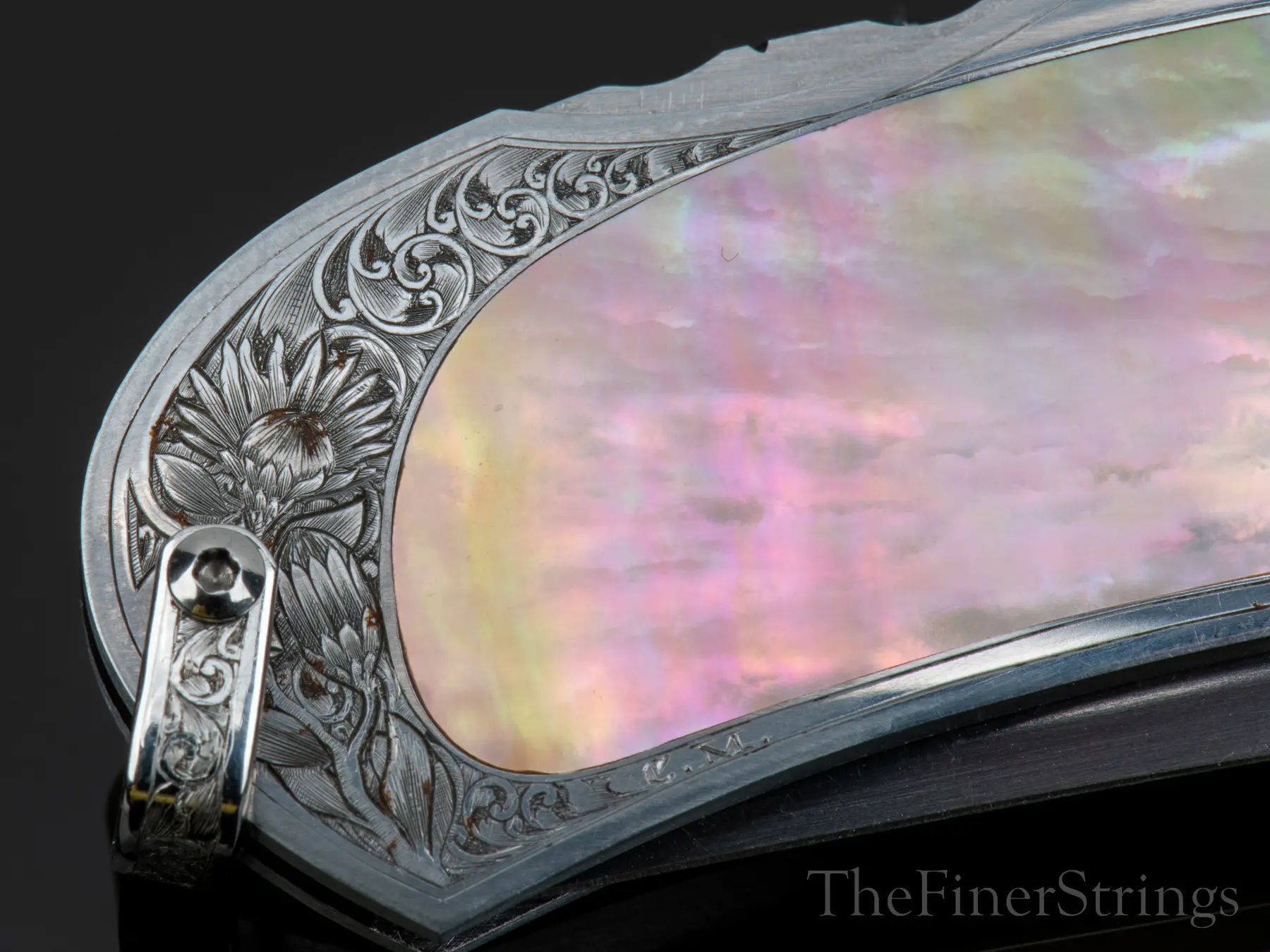 Back bolster &mdash; floral scrollwork, Chris Meyer initials