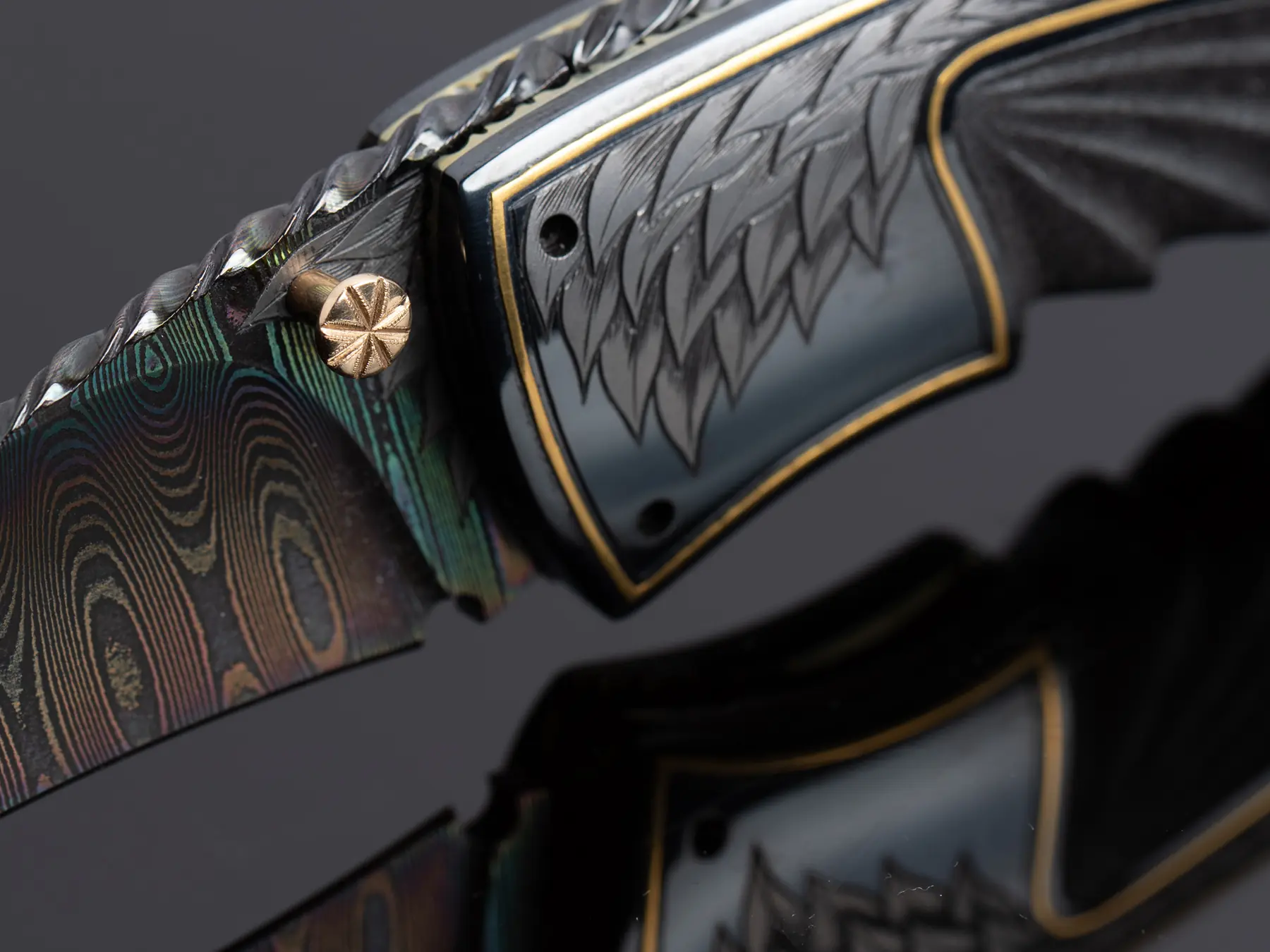 Macro engraving detail on bolster