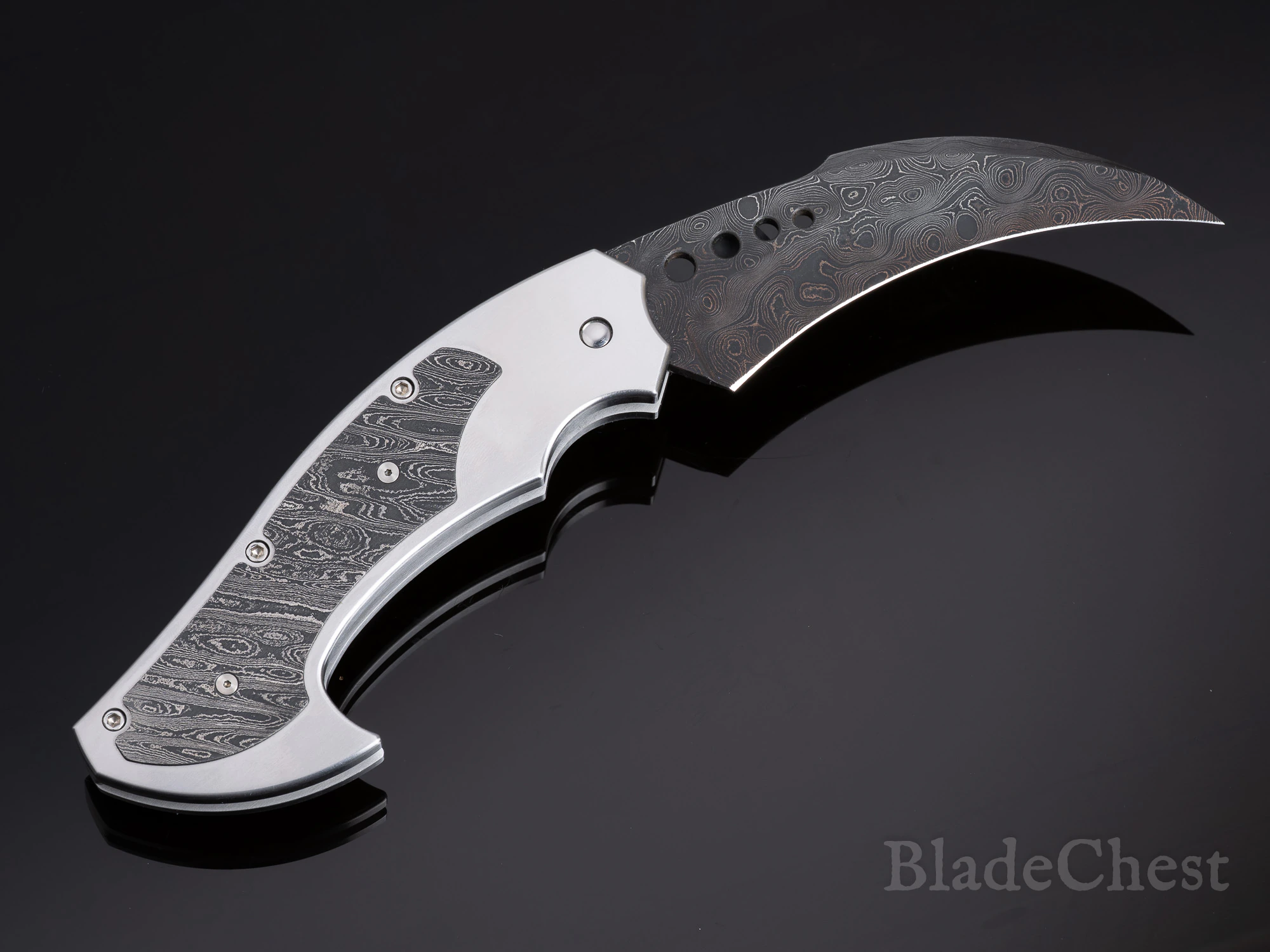 Reese Weiland automatic &mdash; Damascus blade and handle inlay, open