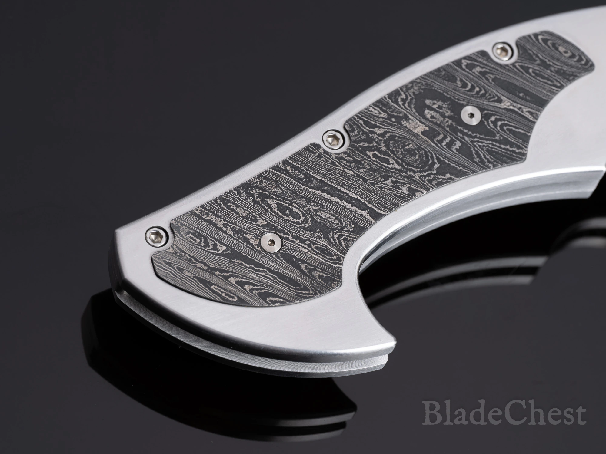 Reese Weiland automatic &mdash; closed, Damascus handle inlay
