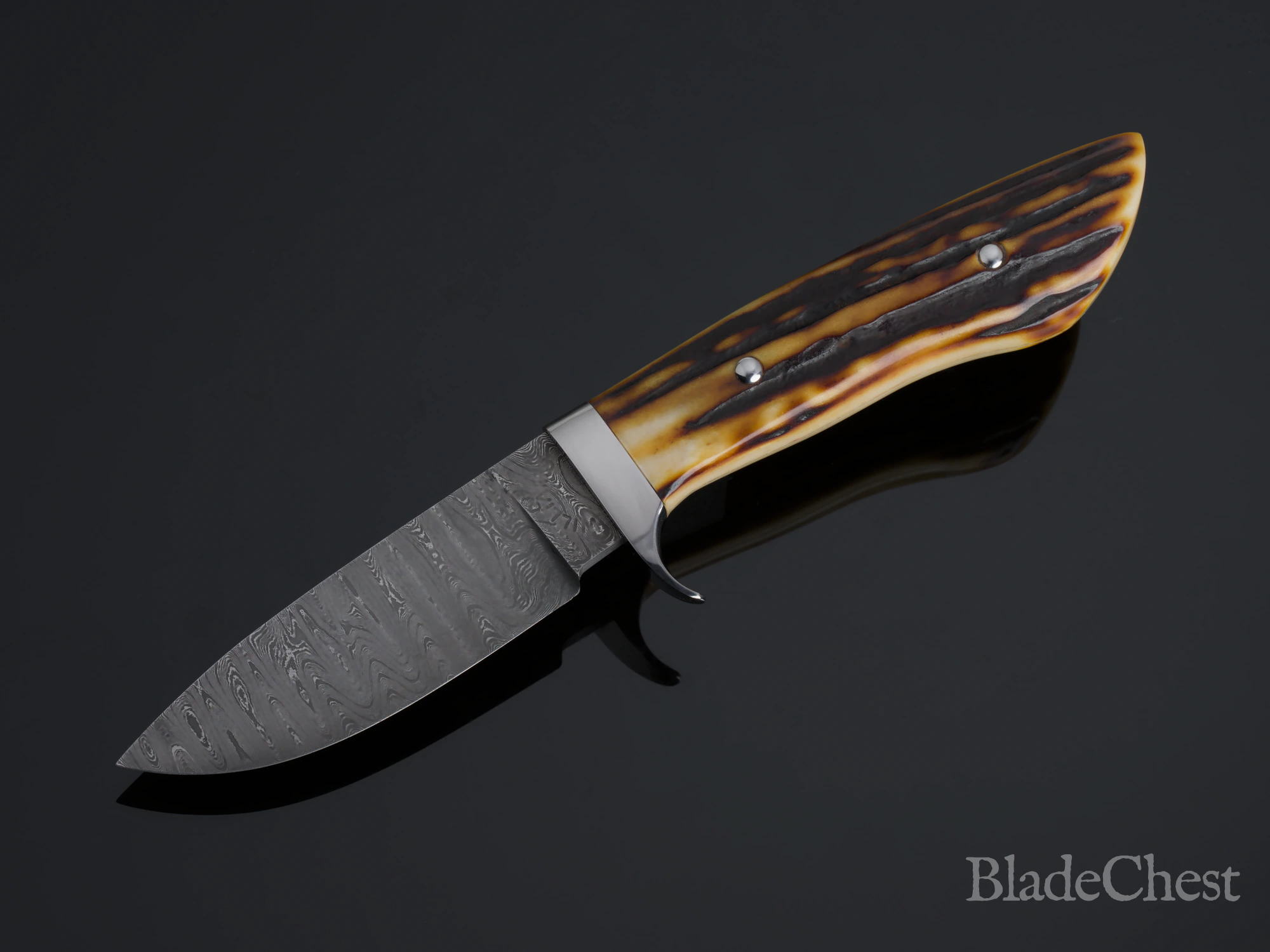 Mike Williams Drop Point Hunter &mdash; full profile, Damascus blade and stag grip
