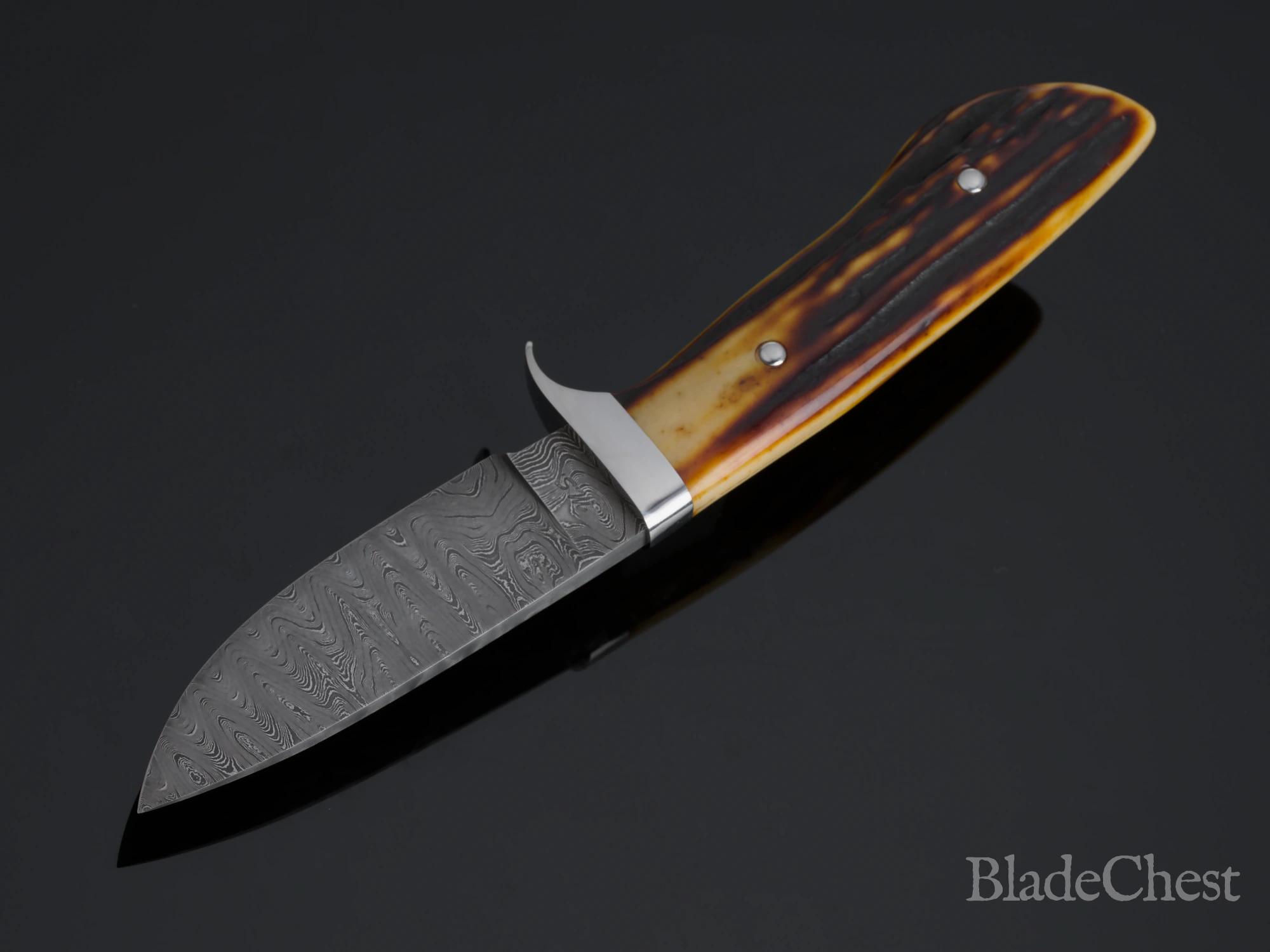 Mike Williams Drop Point Hunter &mdash; mirror-polished guard and Damascus grind